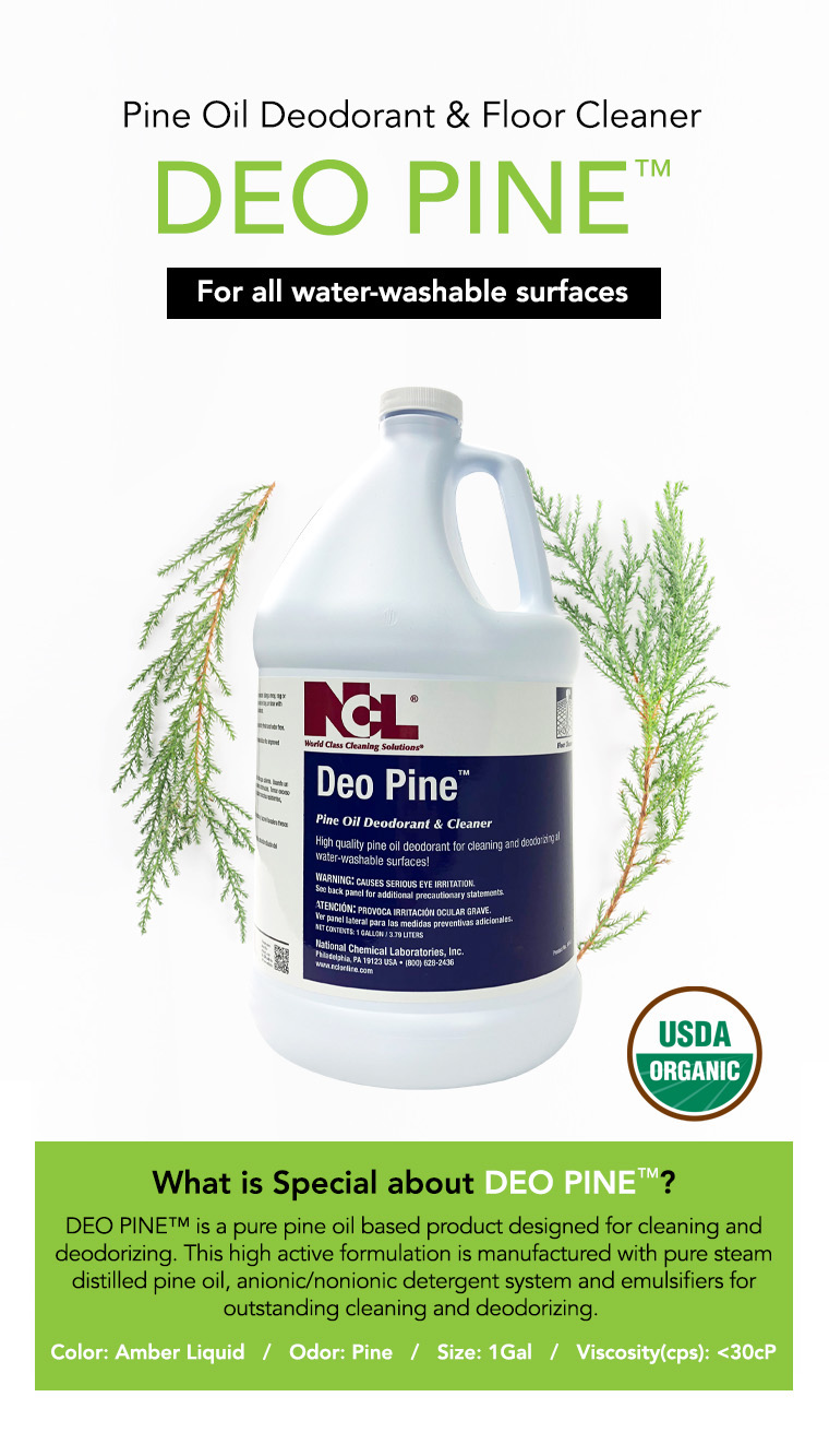 pine oil deodorant and floor cleaner, deo pine, for all water washable surfaces, USDA.